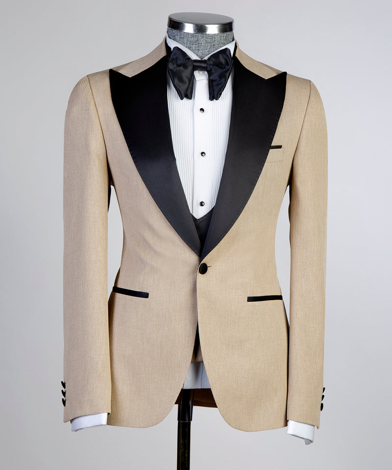 Mens Beige Tuxedo Black Lapel