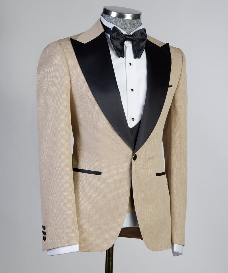 Mens Beige Tuxedo Black Lapel