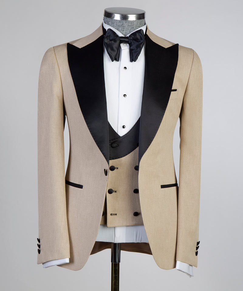 Mens Beige Tuxedo Black Lapel