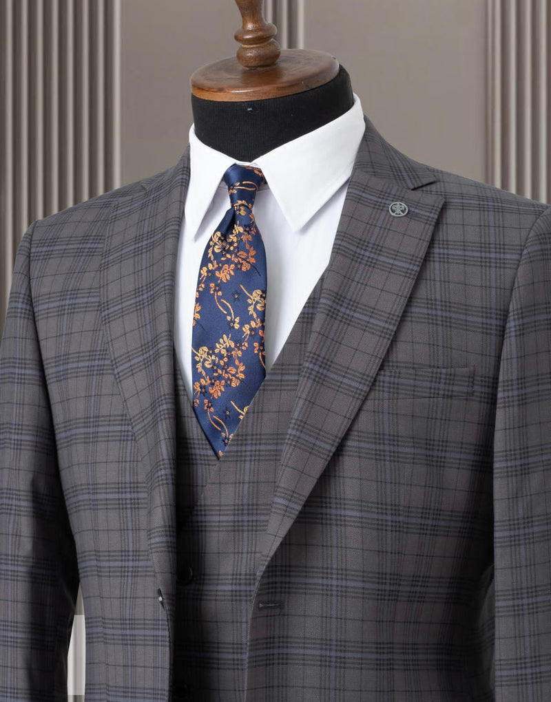 Mens Charcoal Grey Suit With Black Checks