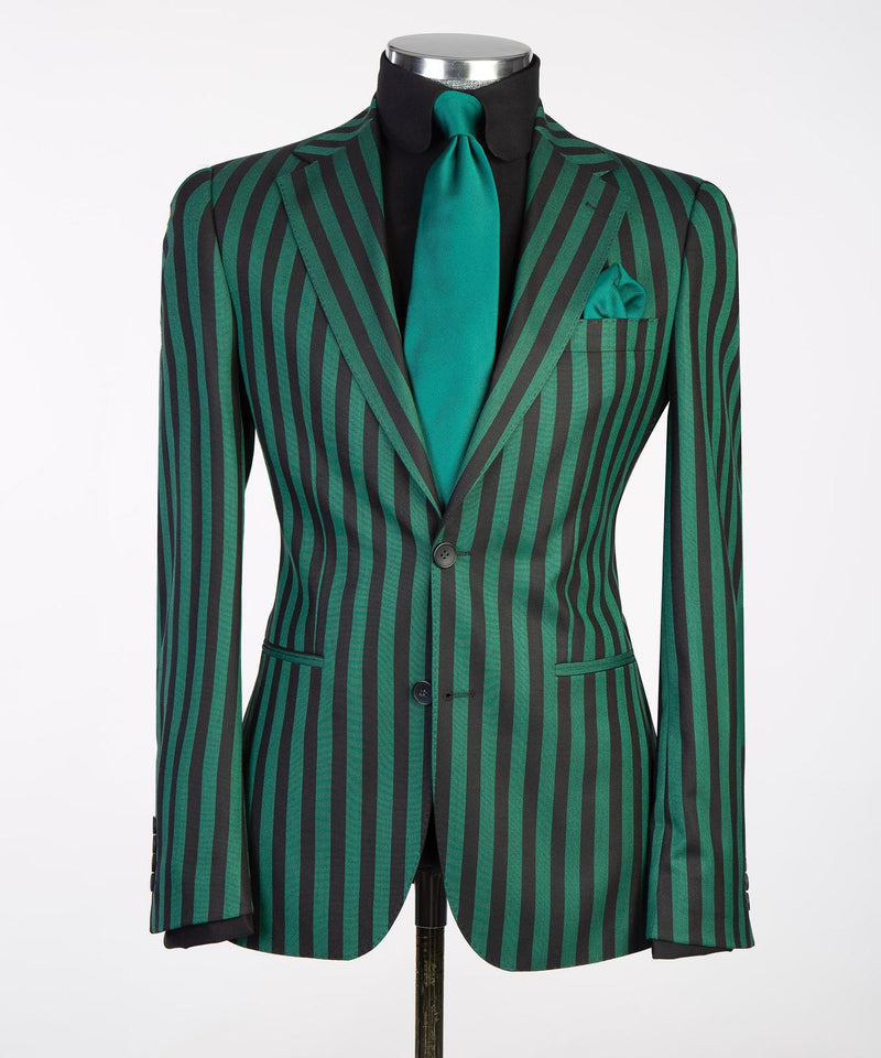 Mens Forest Green Suit With Black Strip