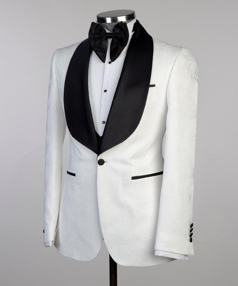 Mens White Tuxedo Jacket With Black Lapels 