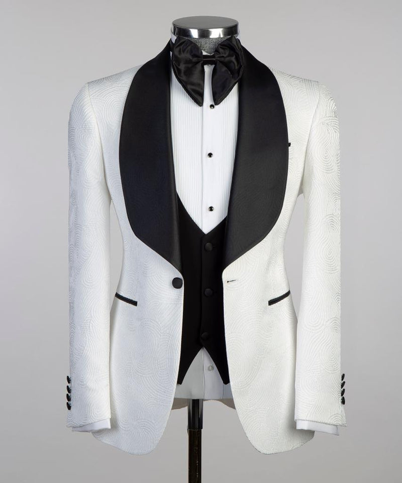 Mens White Tuxedo Jacket With Black Lapels 