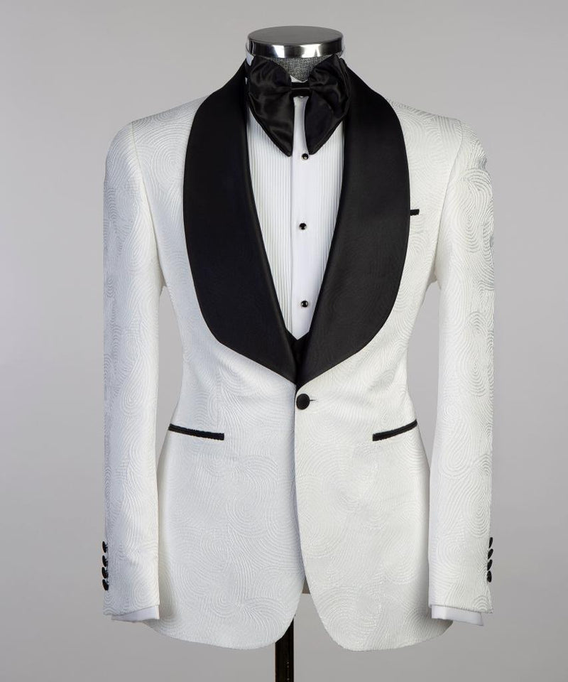 Mens White Tuxedo Jacket With Black Lapels 