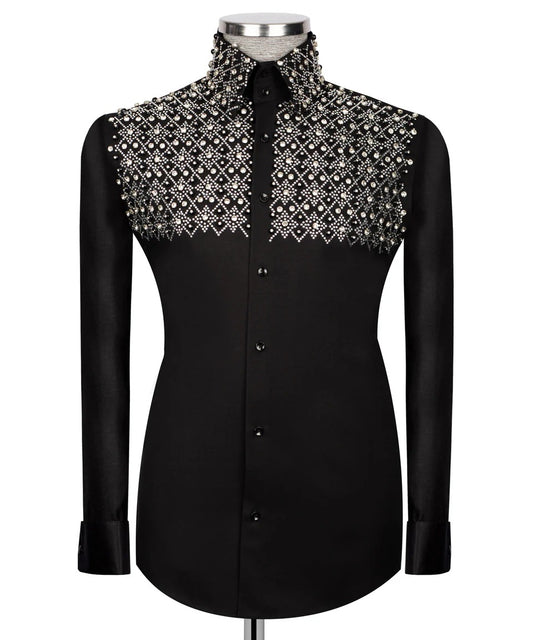 "Majestad de Medianoche": Camisa de lujo negra con cristales incrustados