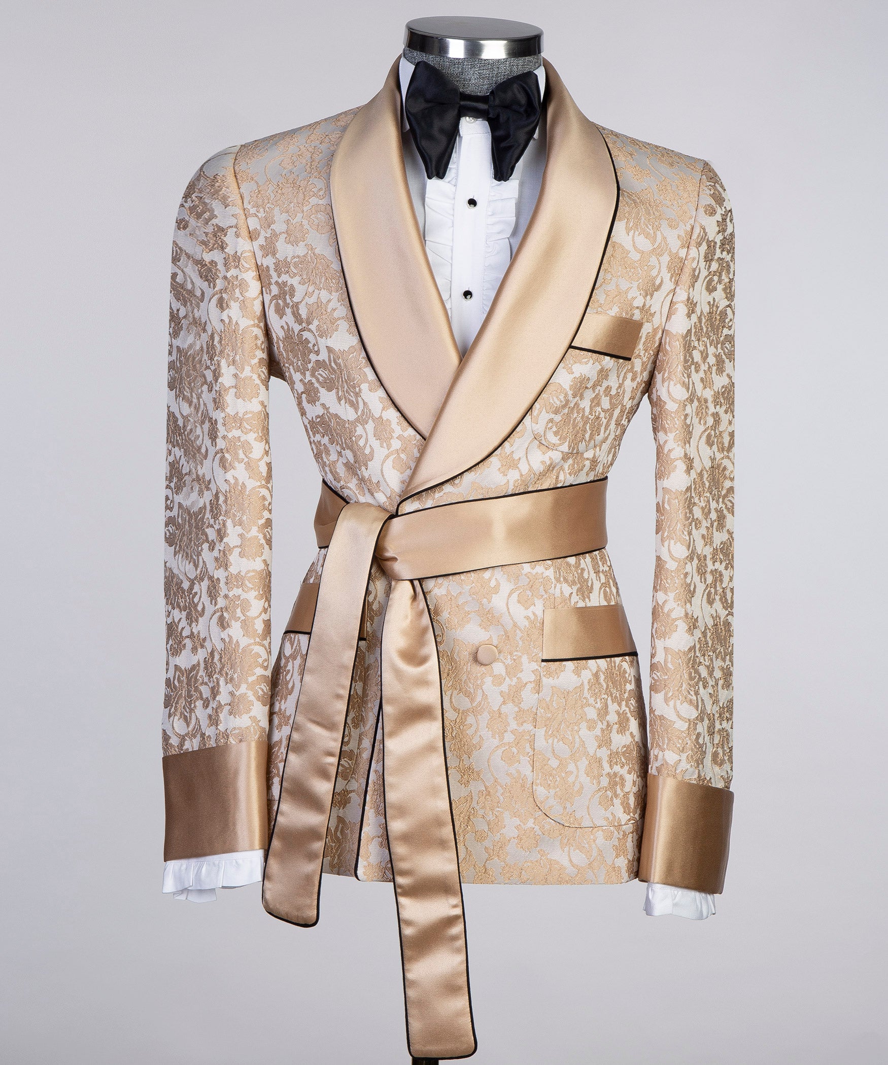 Milky Brown Lace-Designed Belted Tuxedo