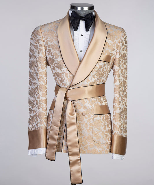 Milky Brown Lace-Designed Belted Tuxedo