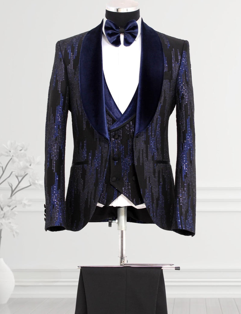 Navy Scratched Velvet Tuxedo