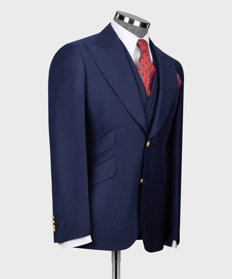 Navy Wool Suits Men With Gold Button