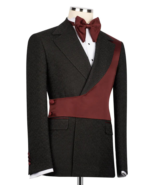 Burgundy & Black Double-Breasted Tuxedo – Statement of Prestige