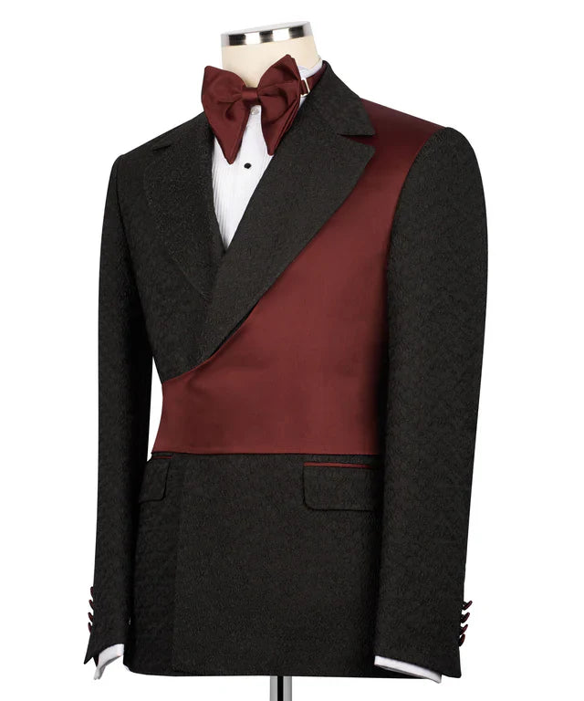 Burgundy & Black Double-Breasted Tuxedo – Statement of Prestige