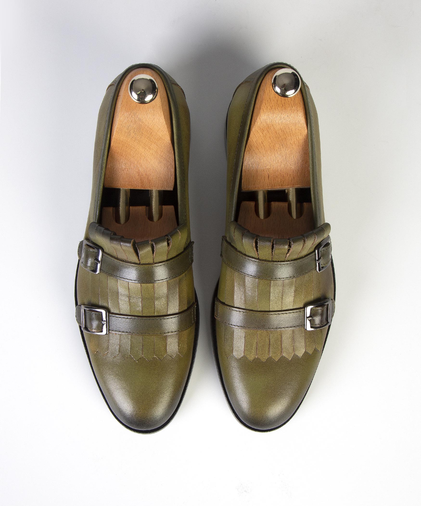 Olive Green Double Monk Strap Leather Loafers