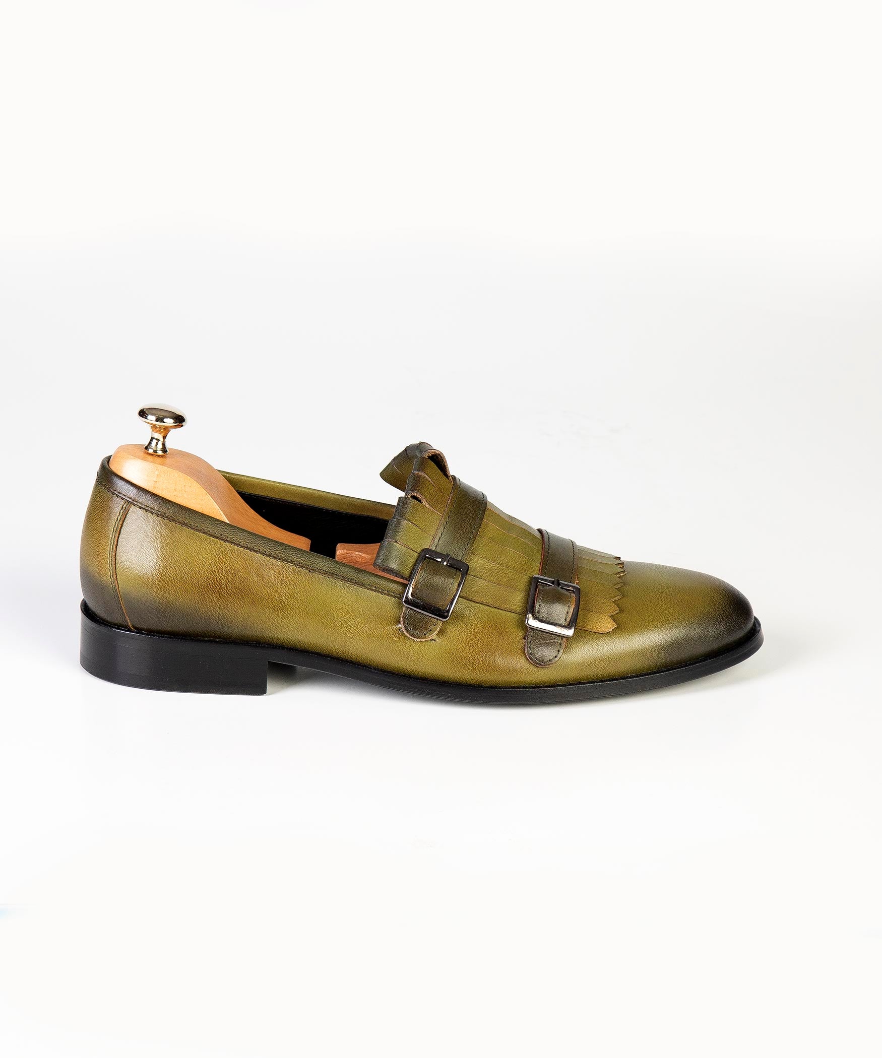 Olive Green Double Monk Strap Leather Loafers