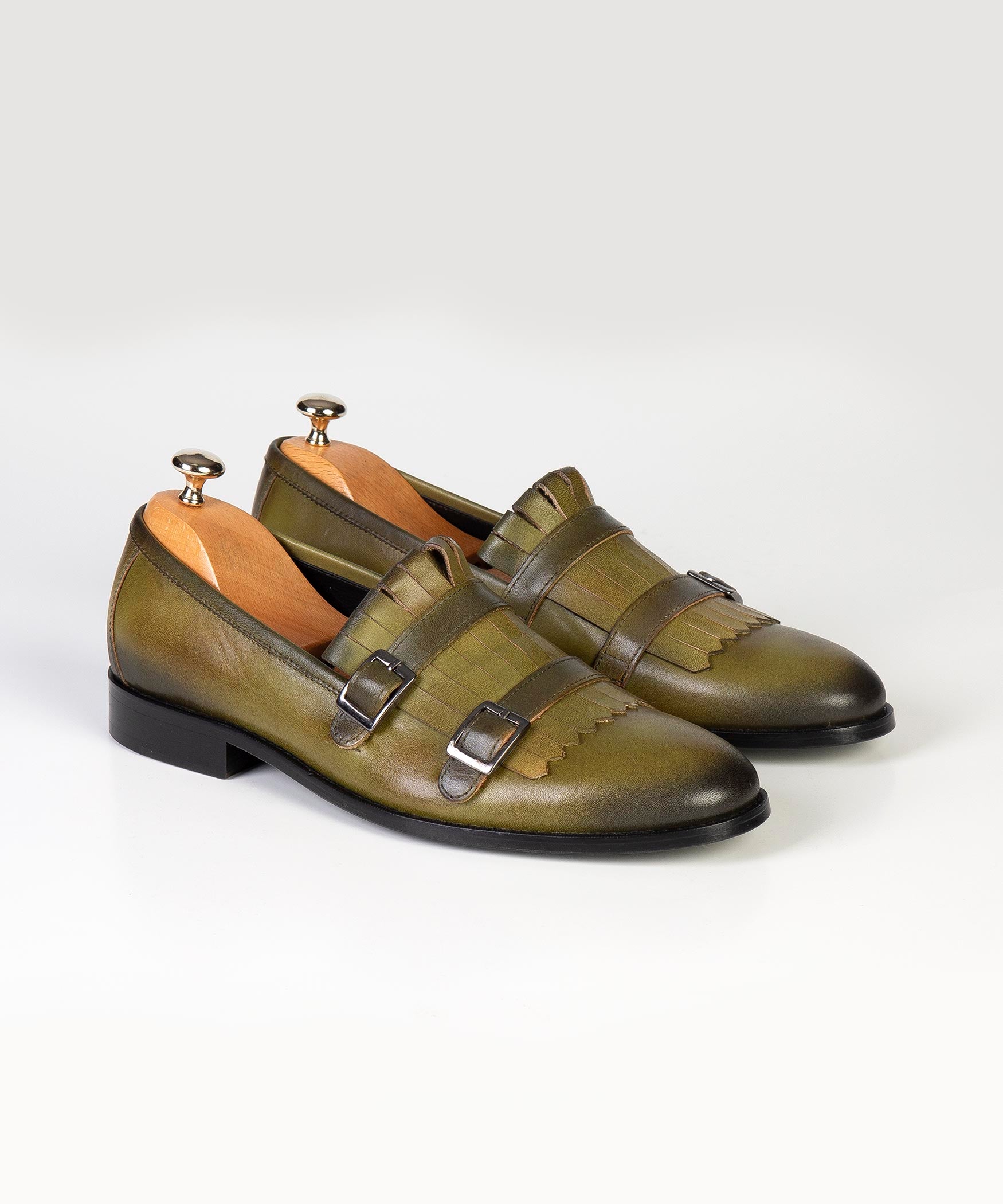 Olive Green Double Monk Strap Leather Loafers