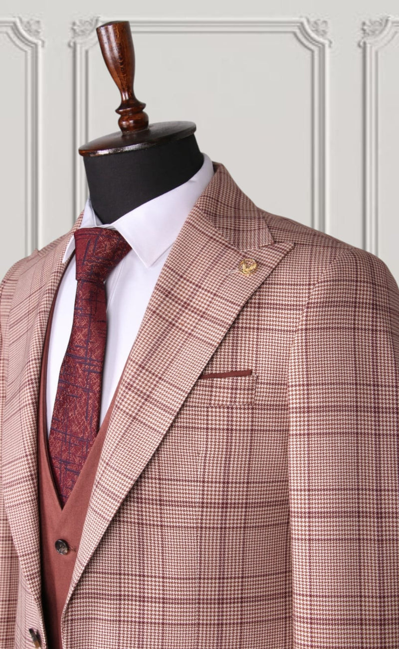 Oyster Pink Brown Check Slim Fit Suit