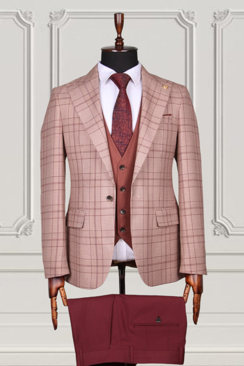 Oyster Pink Brown Check Slim Fit Suit