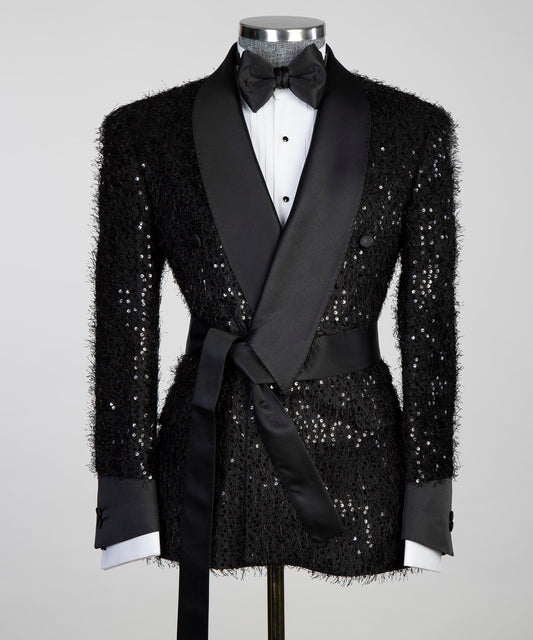 Party Wear Shining Black Belted Tuxedo