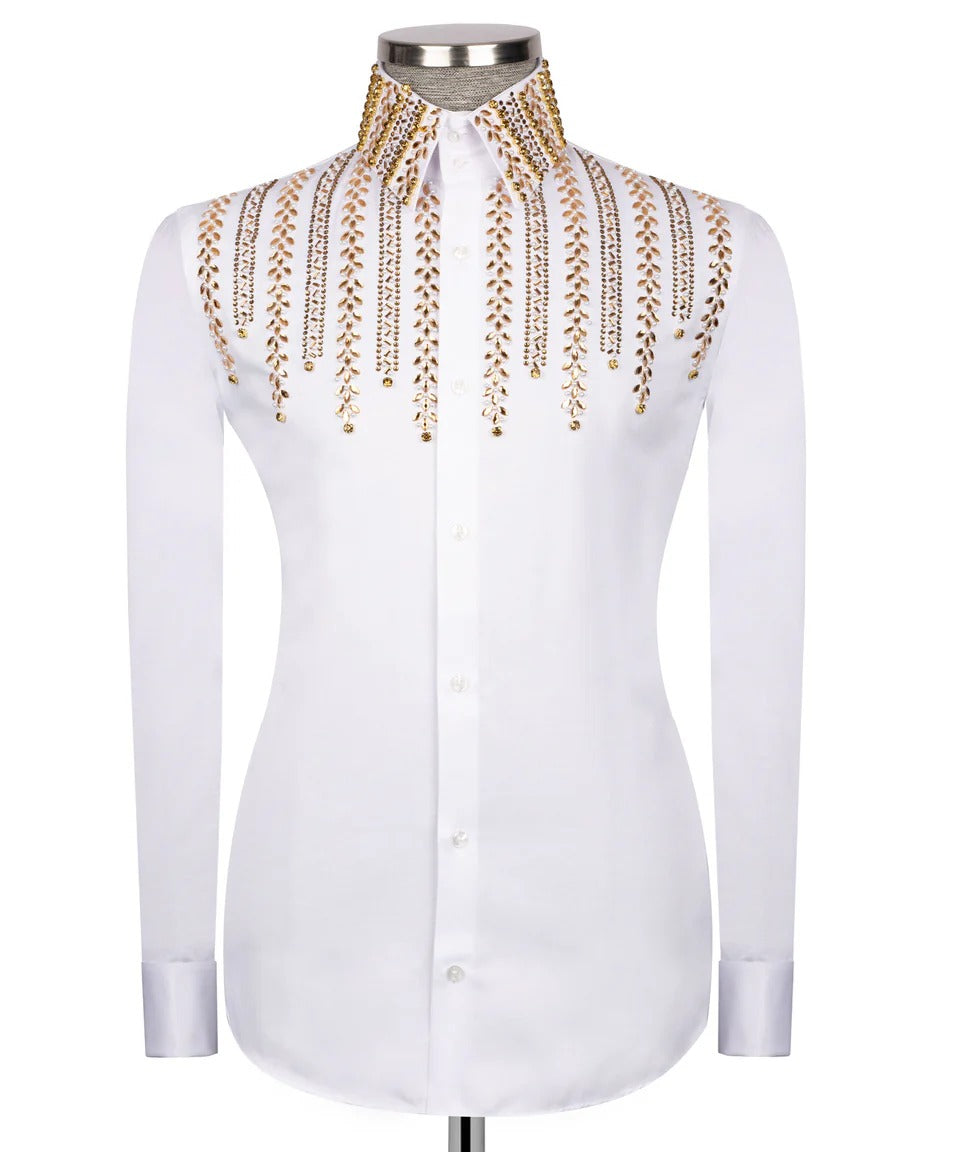 ✨👑 “Regal Radiance” – White Shirt with Golden Crystal