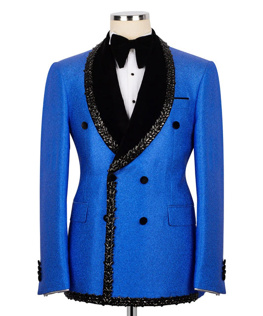 Blue tuxedo jacket with black lapels on a mannequin against a white background