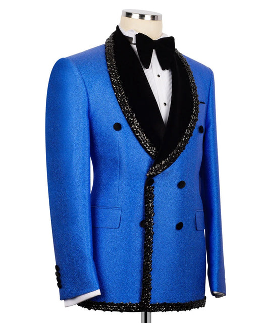 Blue tuxedo jacket with black lapels on a mannequin against a white background