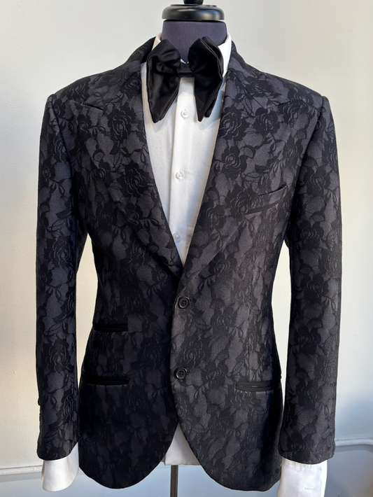 Men's Black Lace Tuxedo Jacket with Satin Shawl Collar & Bow Tie