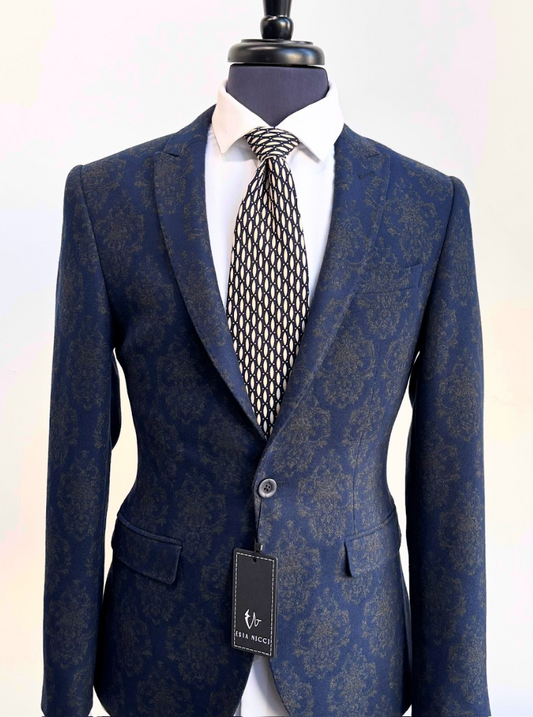 Men's Blue Damask Patterned Suit Jacket with Black Tie