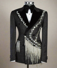 Shawl Lapel Exclusive Design Silver Stoned Black Tuxedo