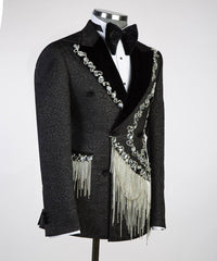 Shawl Lapel Exclusive Design Silver Stoned Black Tuxedo