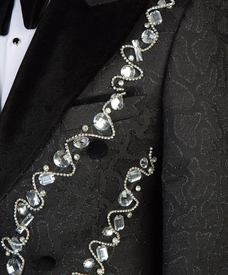 Shawl Lapel Exclusive Design Silver Stoned Black Tuxedo