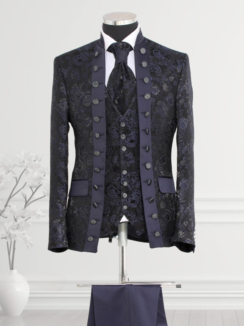 Shiny Floral Patterned Mandarin Collar Blue Men's Tuxedo