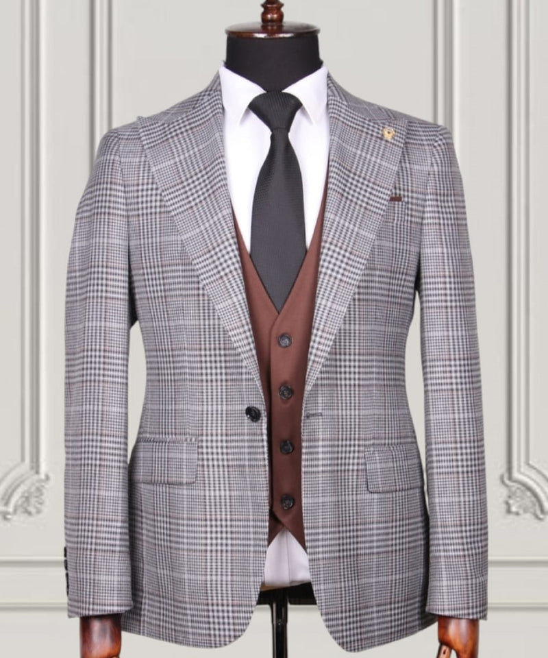 Silver Brown Check Slim Fit Suit