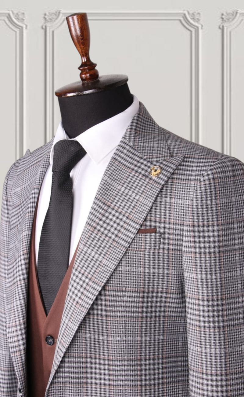 Silver Brown Check Slim Fit Suit