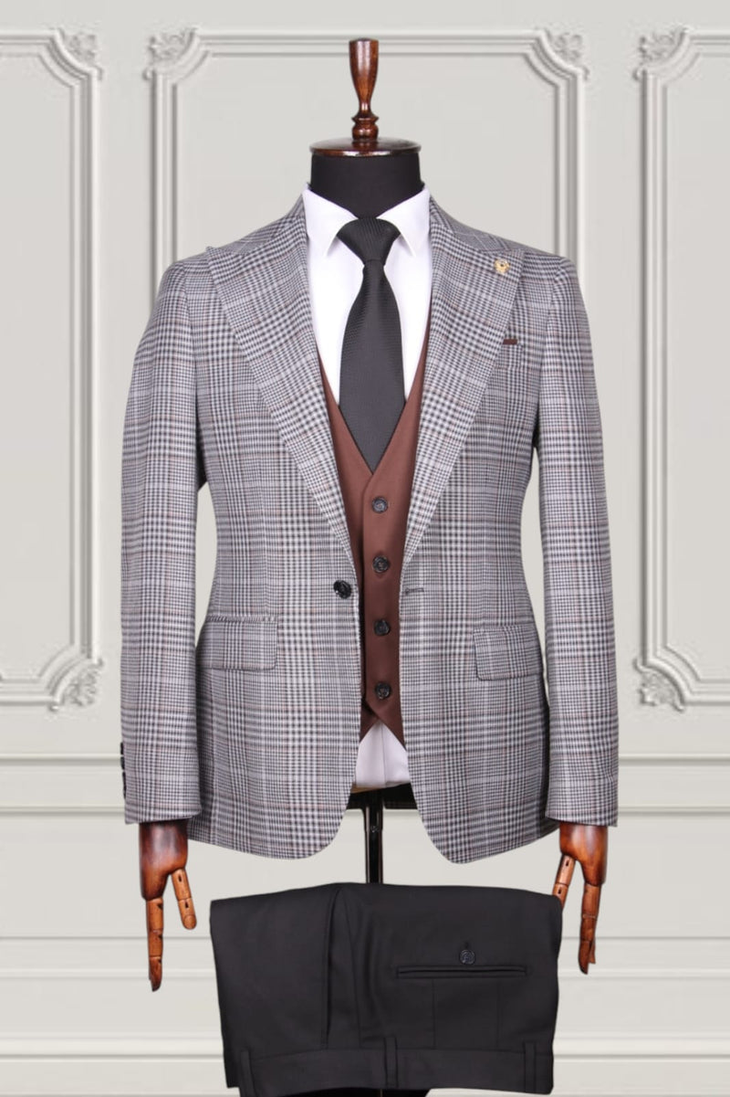 Silver Brown Check Slim Fit Suit