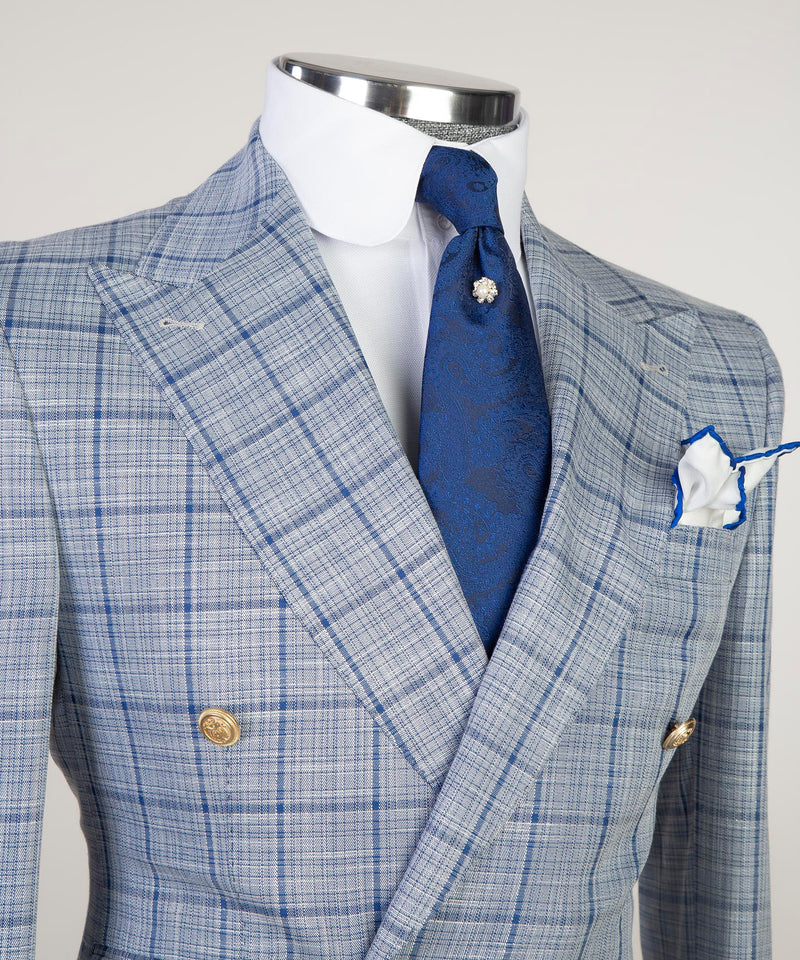 Sky Blue Plaid Double Breasted Suit 