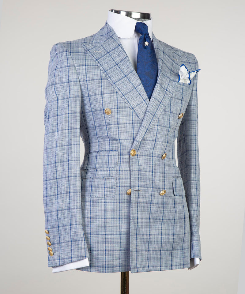 Sky Blue Plaid Double Breasted Suit 