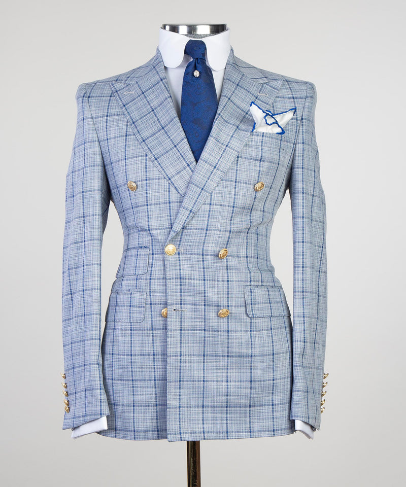 Sky Blue Plaid Double Breasted Suit 