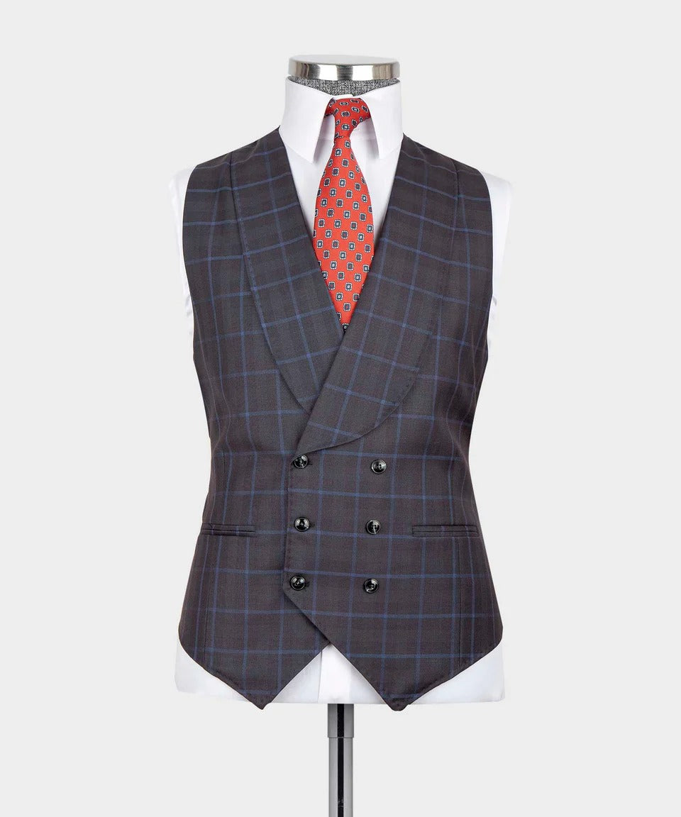 Slate Brown Windowpane 3-Piece Suit – Sophistication in Every Square