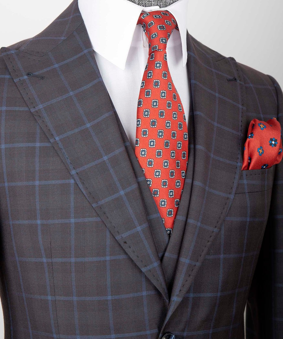 Slate Brown Windowpane 3-Piece Suit – Sophistication in Every Square