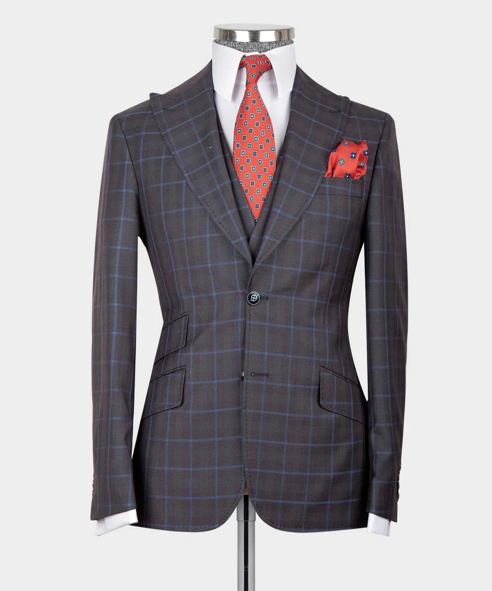 Slate Brown Windowpane 3-Piece Suit – Sophistication in Every Square