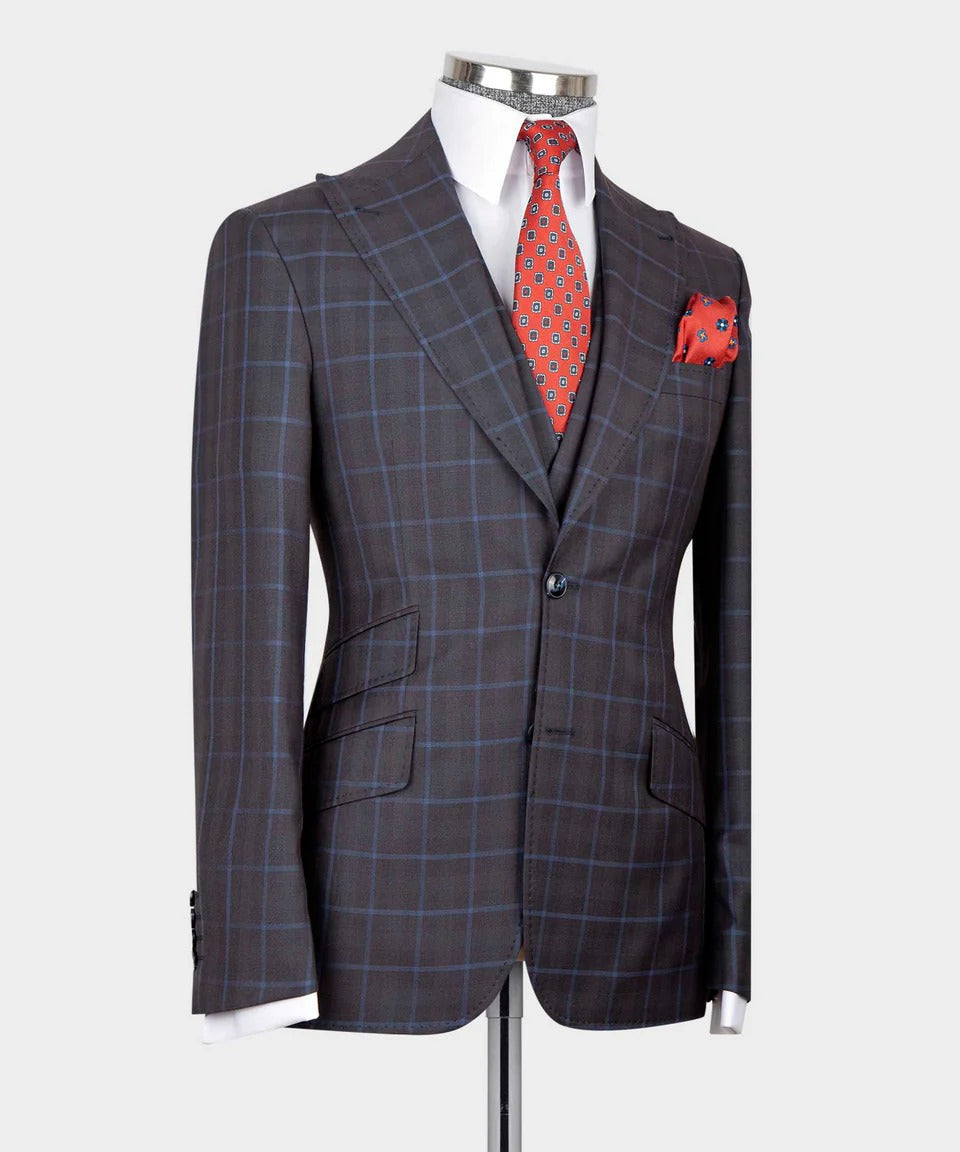 Slate Brown Windowpane 3-Piece Suit – Sophistication in Every Square