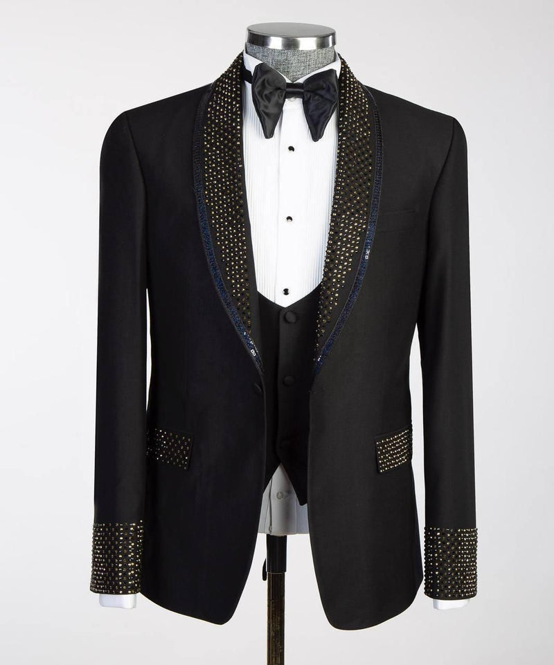 Slim Fit Black Tuxedo Wedding with Golden Stones