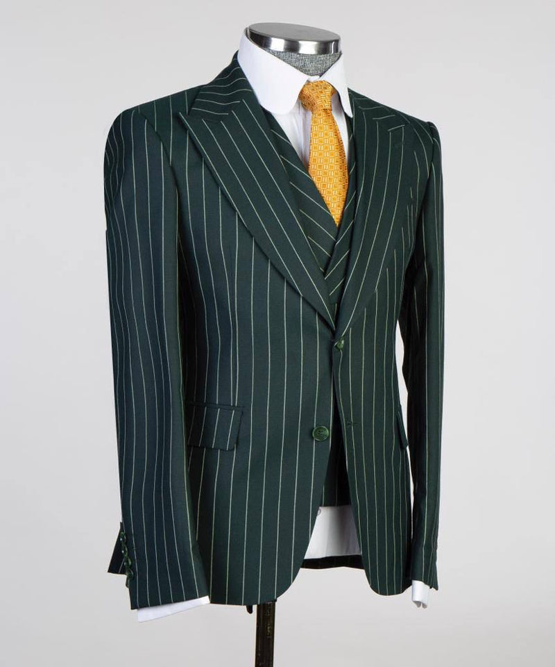 Striped Forest Green Suit Mens