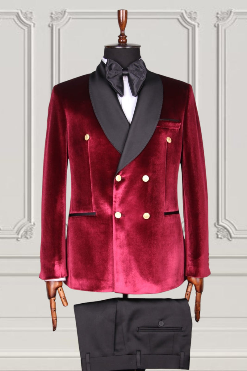 Vivid Burgundy Velvet Double Breasted Tuxedo