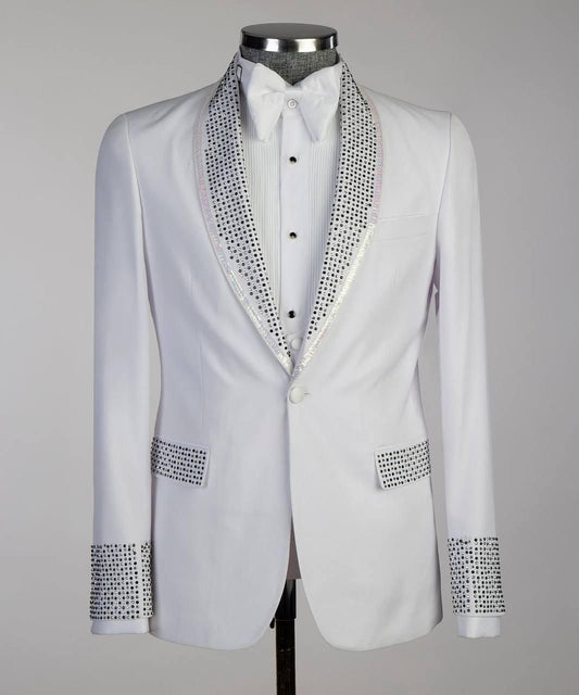 White Tuxedo Jacket Wedding With Black Stones