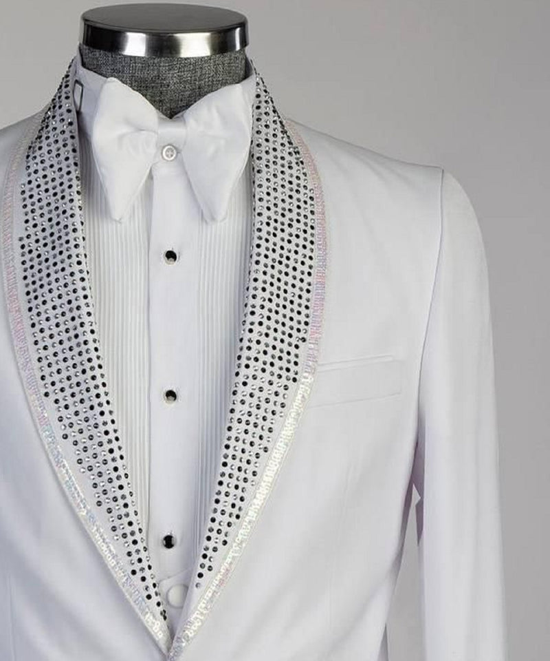 White Tuxedo Jacket Wedding With Black Stones