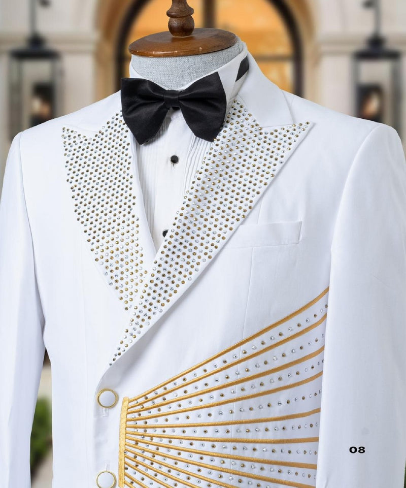 White Tuxedo Jacket With Golden Stones 