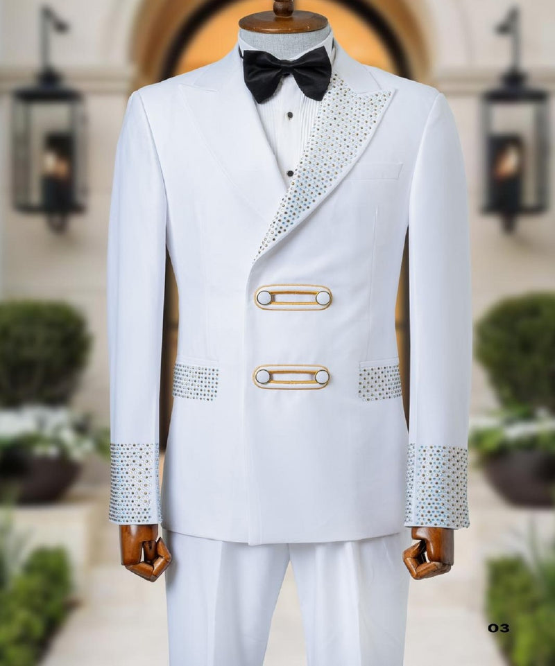 White Tuxedo Jacket With Golden Stones 