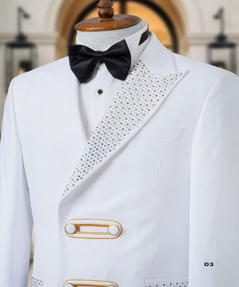 White Tuxedo Jacket With Golden Stones 