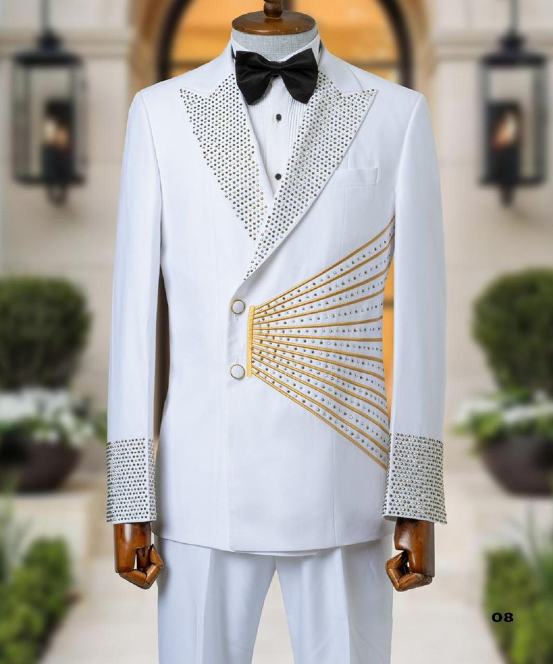 White Tuxedo Jacket With Golden Stones 