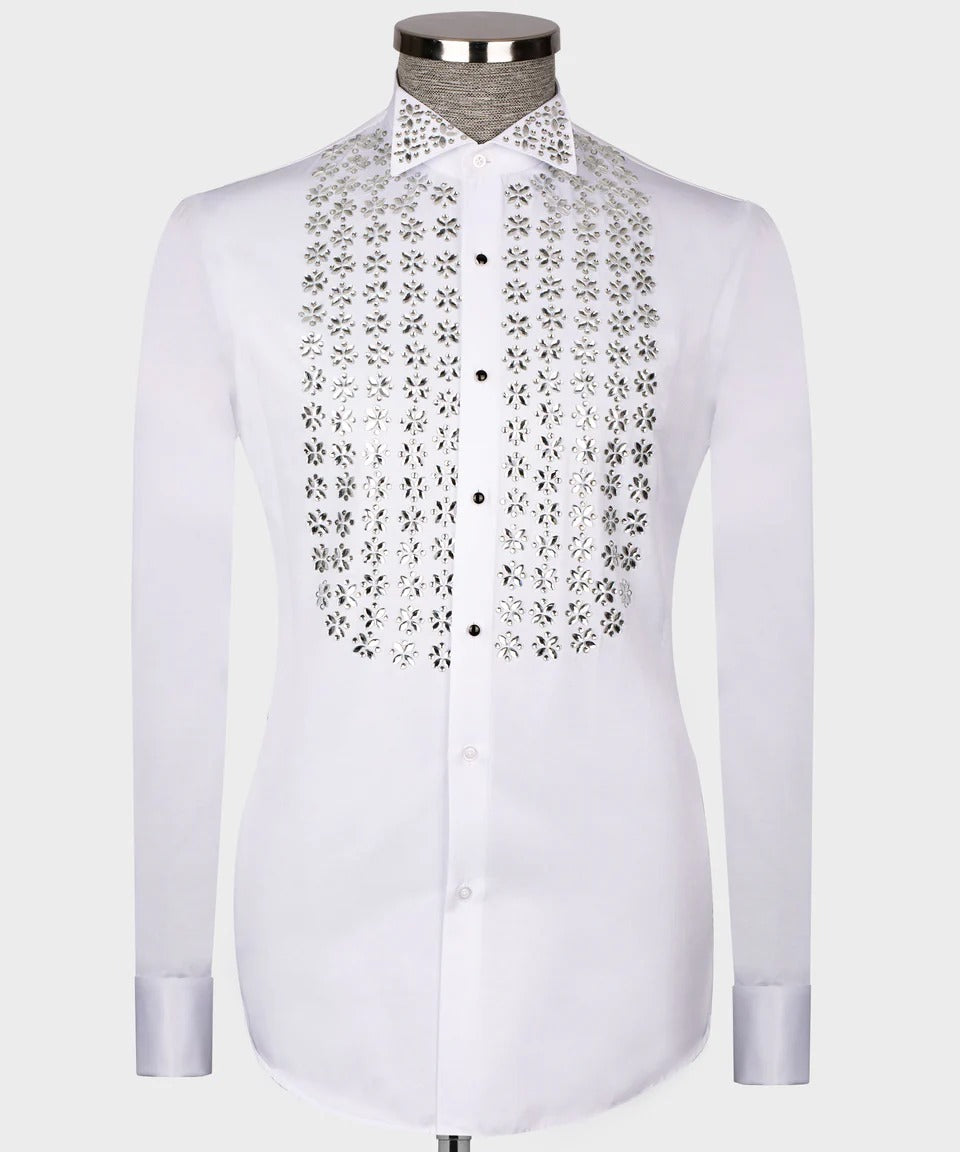 White shirt with silver crystals, luxury men’s dress shirt, silver embellished shirt for men, wedding party shirt, designer shirt with crystals, groom fashion shirt, crystal tuxedo shirt men
